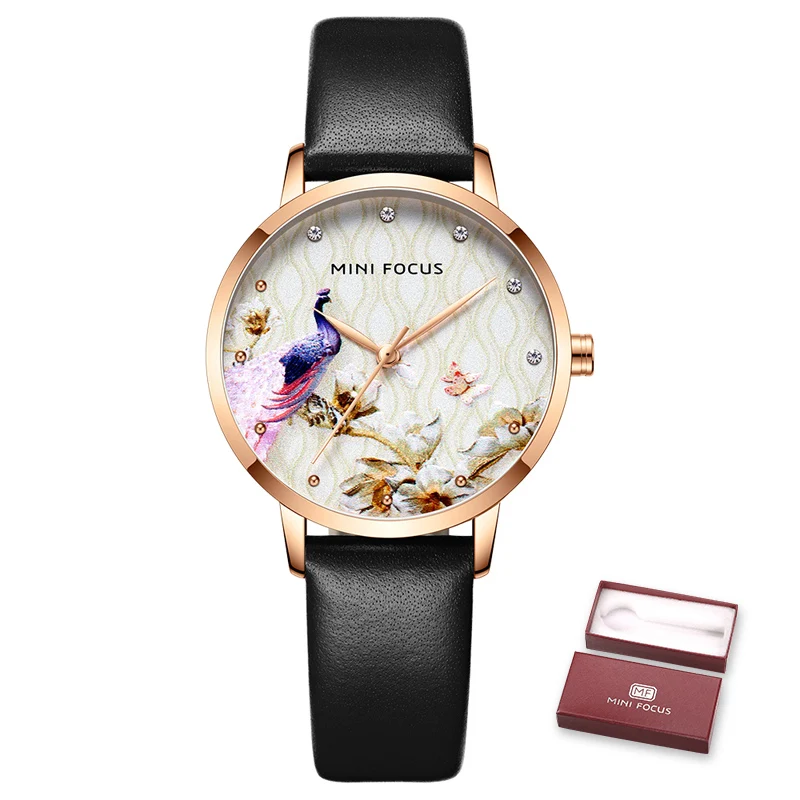 MINIFOCUS Роскошные Брендовые женские часы с павлиньим узором и бриллиантами, элегантные женские часы в китайском стиле, водонепроницаемые часы - Цвет: BOX BLACK RG