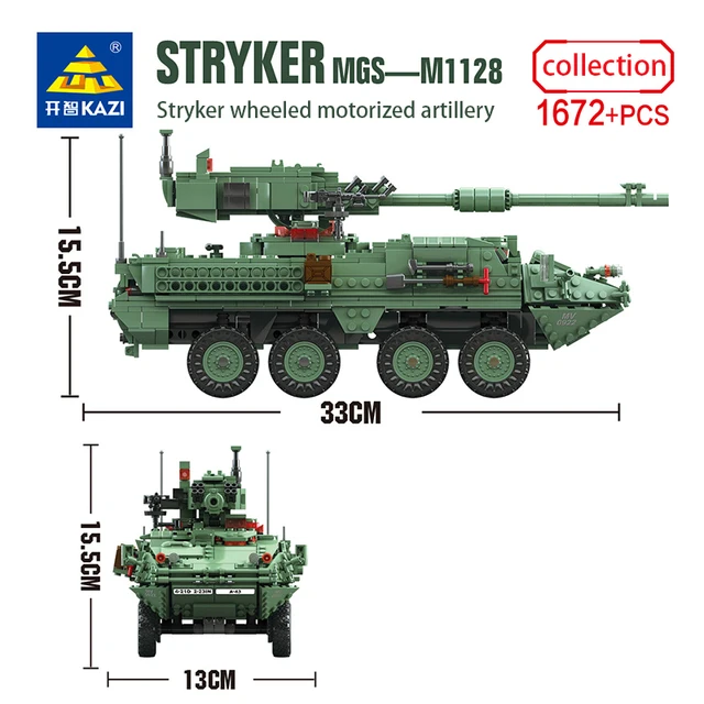 KAZI 1672+Pcs STRYKER Exquisite Simulation Armored Car 3 in 1 Movble Parts Rotating Turret Military Tank Model Kid Toy Gift