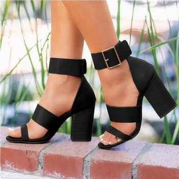 

Women's Sandals High Heels Woman Classic Ankle Buckle Strap Open Toe PU Ladies Shoes Fashion Female Plus Size Summer 2020