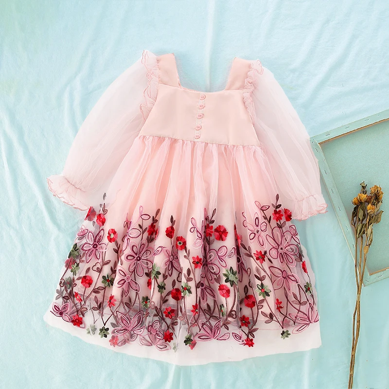 Spring Girls Princess Dress Long Sleeve Children Clothing Floral Sweet Family Party Wear Tulle Baby Girls Dress Vestidos 3-14Y Mom And Daughter Matching Outfits