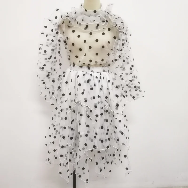 Комплект из 2 предметов женская блузка юбки в горошек костюмы оборки тонкие прозрачные майки элегантная юбка-пачка Jupes Дамская мода лето весна