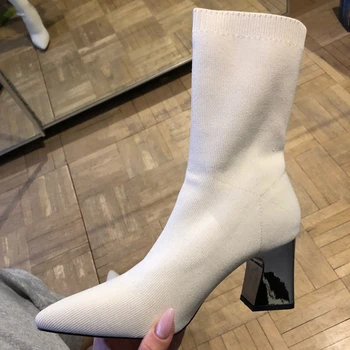 

Autumn Fashion Women Beige Yarn Elastic Boots Stretch Fabric Ankle Boots Winter Chunky Medium Heels Socks Boots Plus Size Shoes