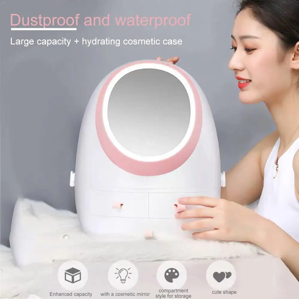  Cosmetic Storage Box With LED Light Mirror Portable Cosmetics Storage Case Makeup Brush Holder Orga
