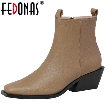 

FEDONAS Elegant Square Toe Female Ankle Boots Concise 2020 Autumn Winter Side Zipper Thick Heels Pumps Wedding Prom Shoes Woman