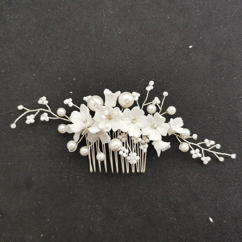 

SLBRIDAL Handmade Simulated Pearls Ceram Flower Bridal Hair Comb Wedding Headdress Hair Accessoies Bridesmaids Women Jewelry