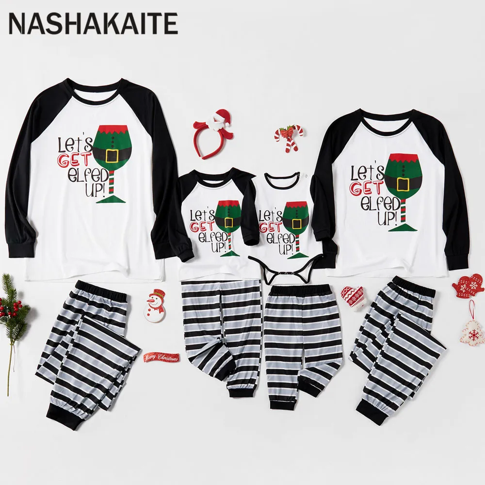 NASHAKAITE Winter Soft Christmas pajamas "Let's Get Elfed Up" Christmas Glass Top and Striped Pants Family Matching Pajamas