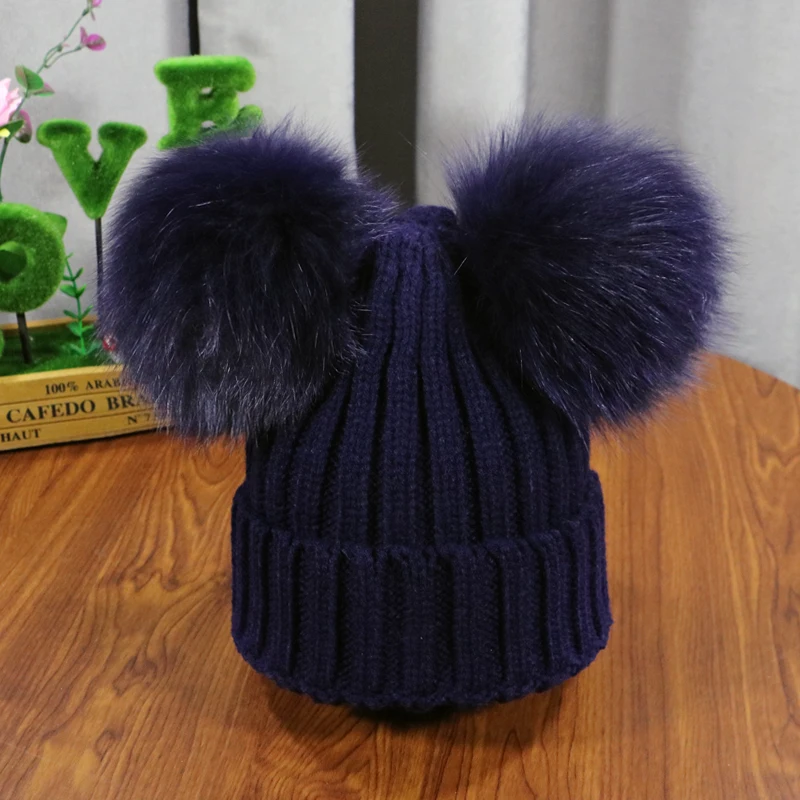 2021 New double natural Pom Poms hat Girls Boys Winter Warm Fur Pompom Ball Knitted Beanies Hat Skullies Beanies Cotton Bonnet 