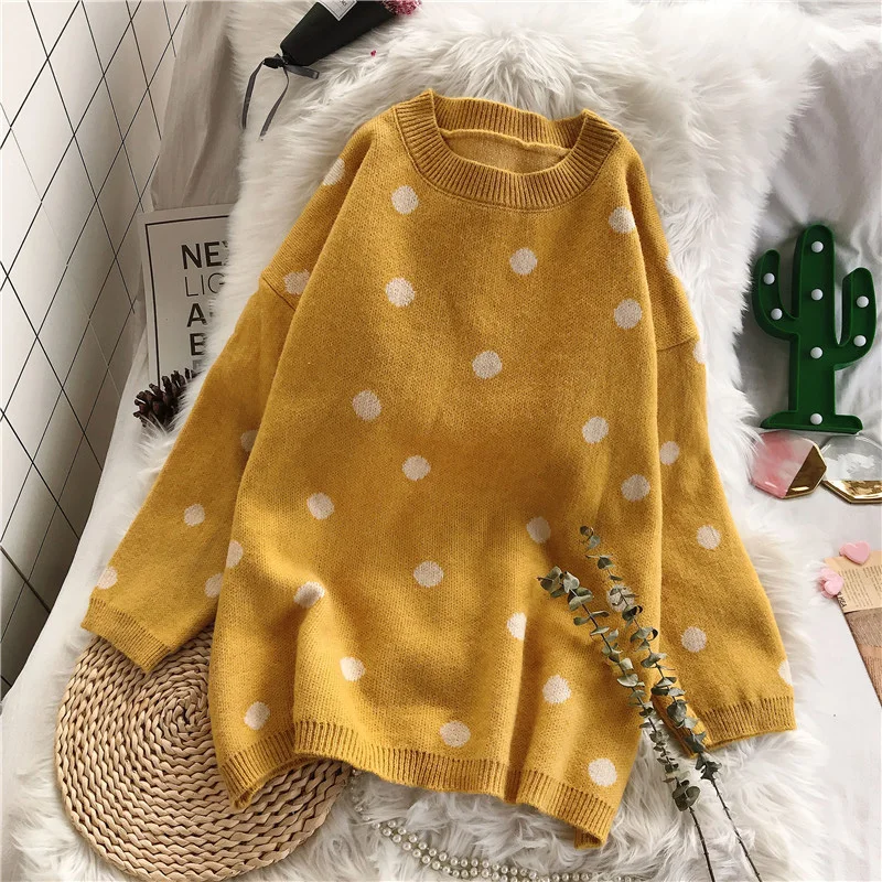 

New Sweater Women Autumn and Winter 2019 Casual O-Neck Dot pattern Pullover Loose Knit Sweater Tops