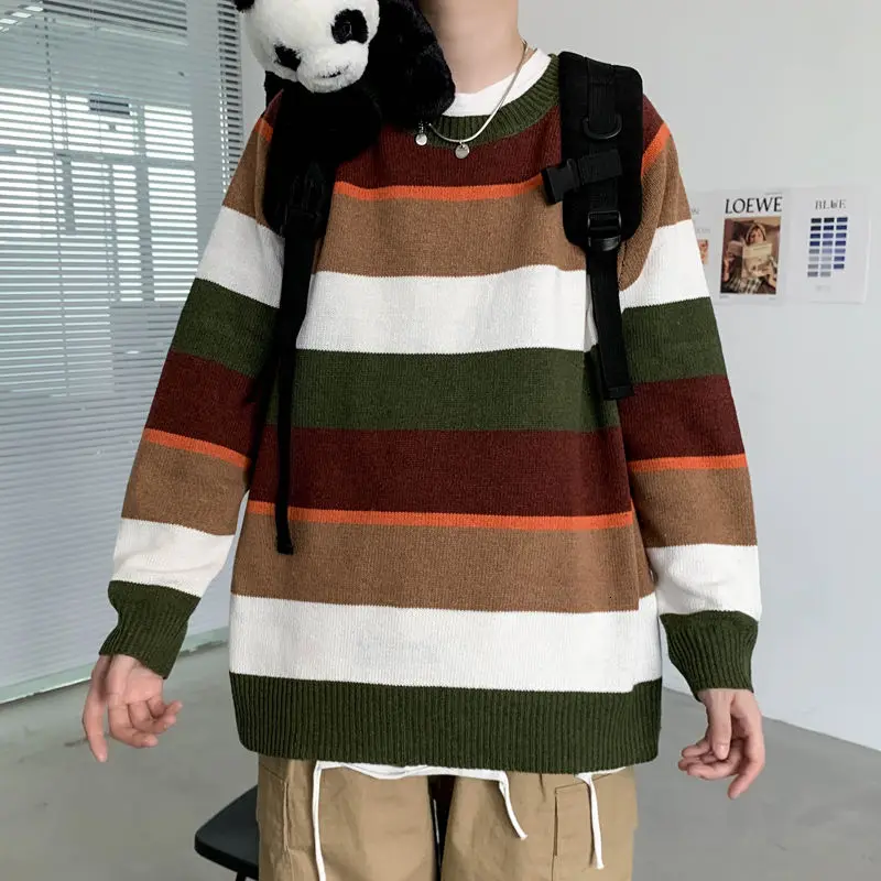 

Winter Striped Sweater Men's Warm And Fashionable Hit Color Casual Knit Pullover Men Loose O-neck Knitting Sweaters Mens Clothes