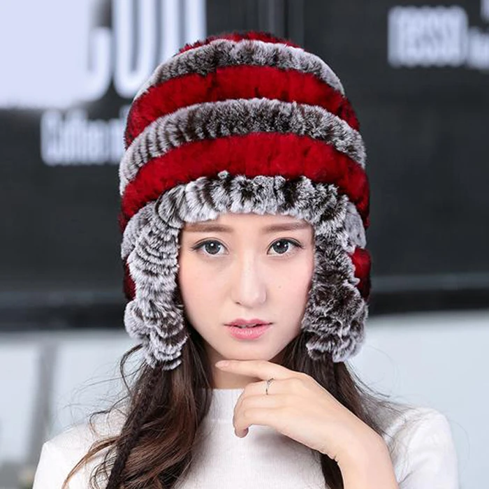 Lady Real Fur Earflap Hats Women Natural Rex Rabbit Fur Beanies Cap Russian Winter Warm Genuine Fur Hat Wholesale - Цвет: red coffee