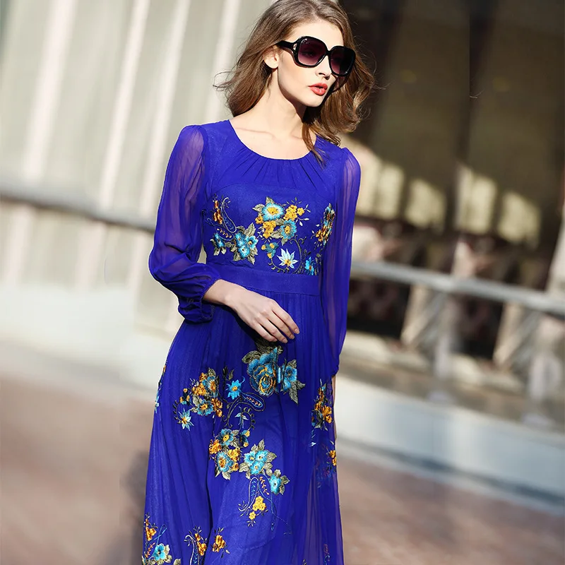 

Spring Summer 100% Silk Long Dress Women Plus Size Dresses Embroidery Party Maxi Dress Elegant Pleated Vestidos Largos KJ1824