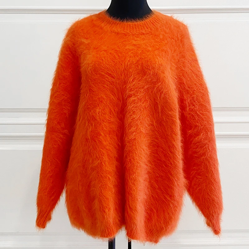 

Autumn And Winter New Product Orange Round Neck Pullover Western Solid Color Sweater Women Oversize Lazy Style Mink Fleece Top