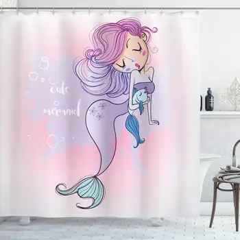 

Mermaid Decor Collection, Cartoon Illustration with Lettering "Cute Mermaid" Smiling Glamour Beauty Image Print, Polyester