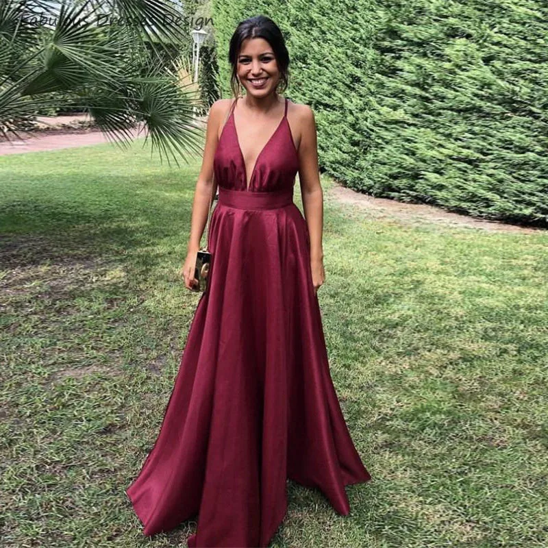 

Burgundy A Line Long Prom Dresses 2020 Sexy V Neck Spaghetti Strap Backless Women Long Prom Dresses Party Gown Vestidos