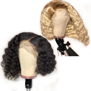 

613 Bob Blonde Water Wave Transparent Lace Front Wig 13X6 Deep Part Short Human Hair Brazilian Remy Wig For Black Women Prepluck