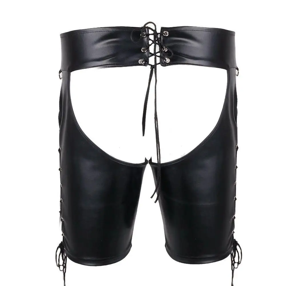 Men Black Faux Leather Open Butt Boxer Shorts Bulge Pouch Side Lace Up Muscle Underwear Fetish Hot Pants Clubwear