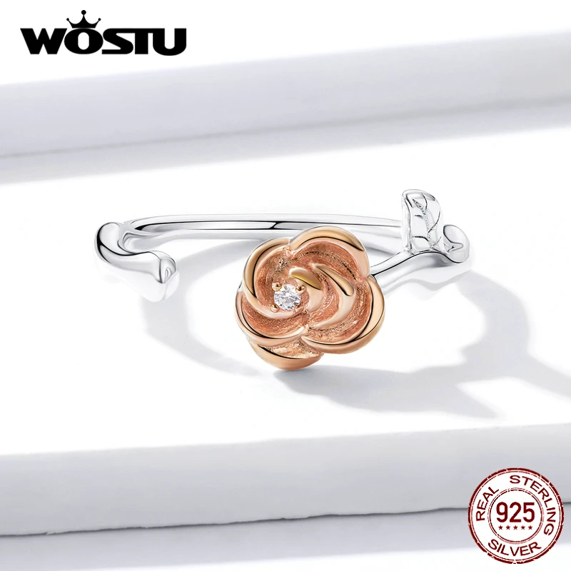 WOSTU, настоящее 925 пробы, Серебряное розовое золото, кольца в виде цветка, кольцо для женщин, обручальное кольцо, роскошные ювелирные изделия BSR096
