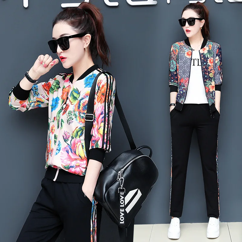 

3pcs Autumn Women Sportswear Tracksuit Stripe Print Zip Up Jacket Sweatshirt+pant Running Jogging Fitness Casual Set Sport Suit