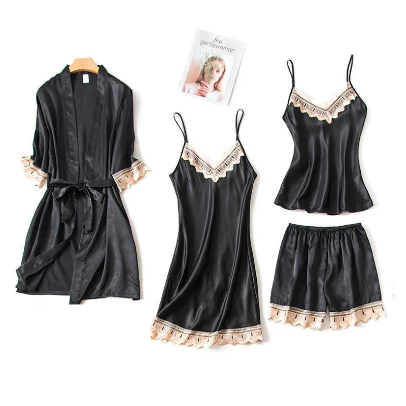 

New Women Pajamas Sets Satin Sleepwear Silk 4 Pieces Nightwear Pyjama Spaghetti Strap Lace Sleep Lounge Pijama With Chest Pads