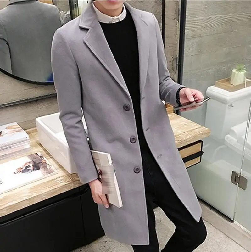 Light Gray Новинка, модный бутик, чистый цвет, Высококачественная Мужская шерстяная ткань, повседневный деловой Тренч, Мужской плащ, для отдыха, смешанные, пылезащитные пальто, куртки - Цвет: Light Gray