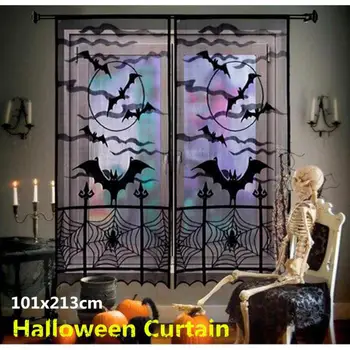 

2Pcs Black Lace Spider Web Bat Pattern Window Door Curtain for Halloween Spirit Festival Decor 40x84 Inches 101x213cm
