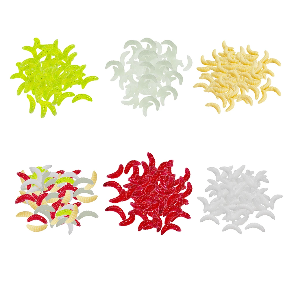 100 Pcs/Set Fishing Soft Grub Maggot Lure Baits Hooks Lifelike Smell Worms Glow Shrimps Tackle Fish Lures 2cm Pesca | Спорт и