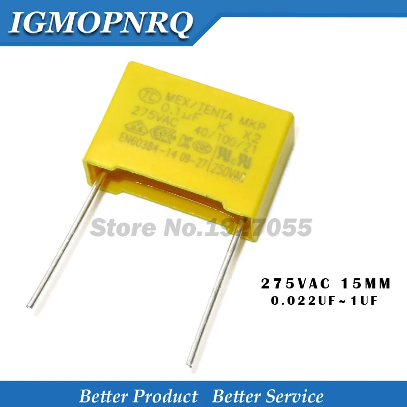 X2 Safety capacitor 15mm 275VAC 275V 0.022UF 0.047UF 0.1UF 0.15UF 0.22UF 0.33UF 0.47UF 0.68UF 1UF Polypropylene film 10pcs Safety Capacitor Polypropylene Film Capacitor