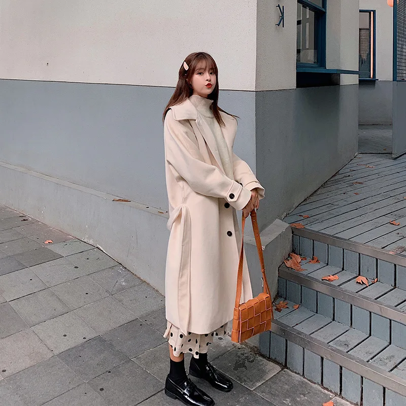 

2019 Autumn & Winter New Style Shallow Khaki Mid-length Woolen Jacket Elegant Woolen Cloth Coat Loose-Fit Korean-style