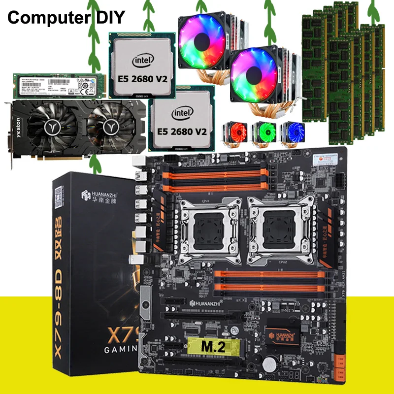 ^Cheap HUANANZHI X79-8D motherboard with M.2 512G SSD video card RX580 4GD5 dual CPU Xeon E5 2680 V2 with coolers RAM 128G(8*16G) RECC