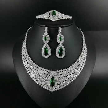 

2019 NEW FASHION LUXURY GREEN CZ zircon necklace earring bracelet ring wedding bridal banquet dinner dressing party jewelry set
