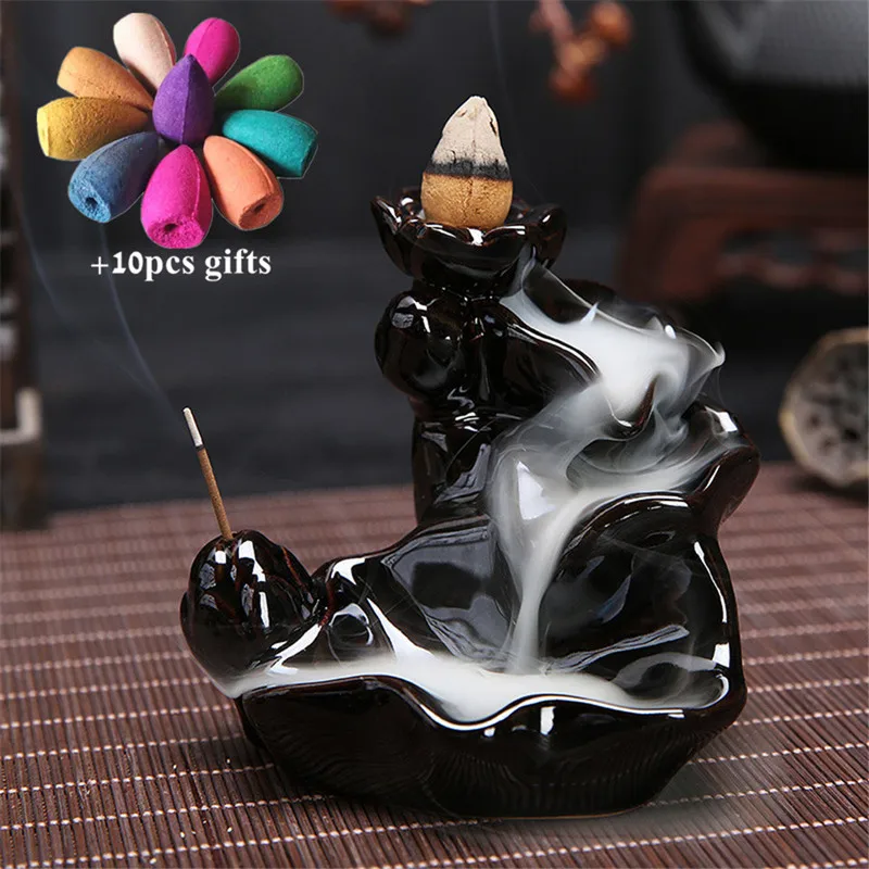 Ceramic Retro Ceramic Backflow Incense Burner Waterfall Censer Incense Holder Aromatherapy Furnace Home Decoration+ 10pcs Cones - Цвет: With 10pcs mixed-07