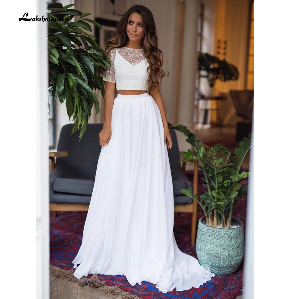 2024 vestidos de boda Two Pieces Short Sleeve O Neck Wedding Dresses Elegant Bling Beads Lace Chiffon robe de soirée Customized 5