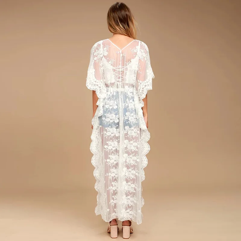 Women's Lace Cardigan Floral Crochet Sheer Beach Cover Ups Long Open Kimono-2