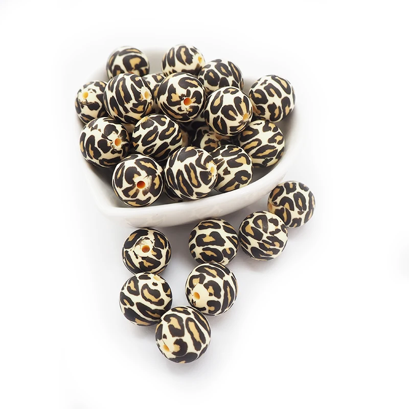 Chenkai 100PCS 15MM Silicone Leopard print Beads Baby Round Shaped Beads Teething BPA Free DIY Sensory Chewing Toy Accessories