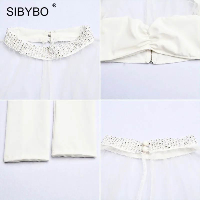 SIBYBO сетчатая Сексуальная футболка с бриллиантами, женская футболка с длинным рукавом и оборками, тонкий летний укороченный топ, женские весенние белые повседневные топы