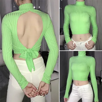 

Fashion Women Backless Long Sleeve Casual Cotton Tank Crop Tops Slim Fit T-Shirt Bandage T-Shirt Summer Beach Tank Blouse