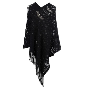 

Ladies Women's Cape Cloak V-neck Hook Flower Hollow Irregular Tassel Cloak Shawl Sweater Women Winter Poncho!: