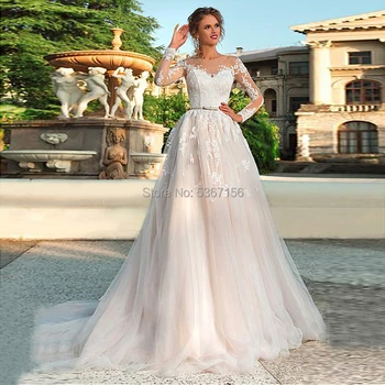 

Long Sleeves Wedding Dresses A Line Scoop Lace Appliques Bridal Gowns Sweep Train Vestidos De Noiva Lace Up Robe De Mariee
