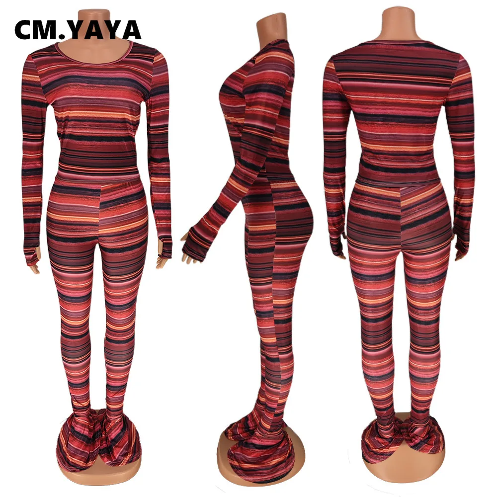 CM.YAYA Autumn Multicolor Striped Women's Set Long Sleeve Tee and Flare  Legging Pants Tracksuit Two Piece Set Fitness Outfit