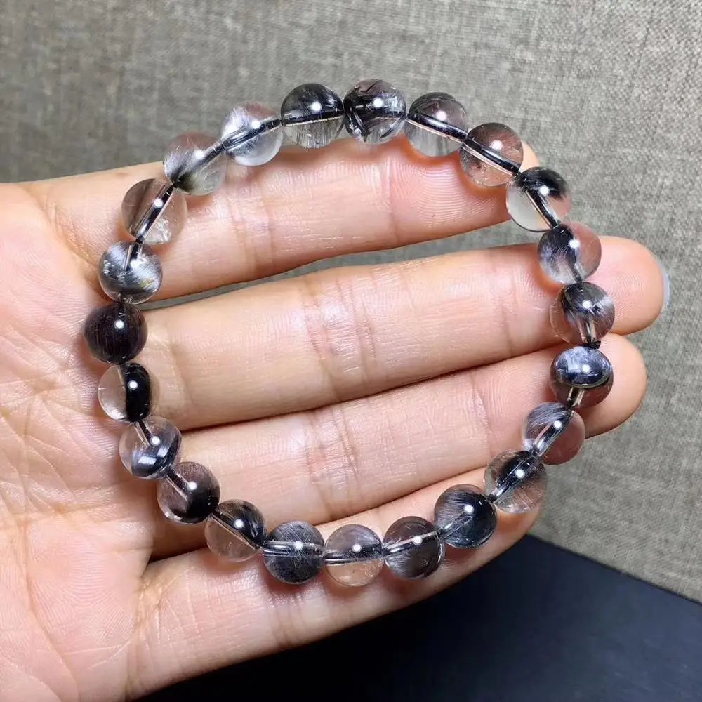 

8.2mm Natural Brookite Platinum Silver Rutilated Quartz Bracelet Woman Man Clear Round Beads Crystal Stretch Lucky Jewelry