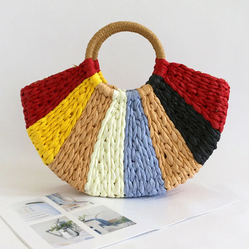 

Contrast Color Straw Women's Handbags Half Moon Paper Rope Woven Bags For Women 2020 Top-handle Ladies Hand Bags Women Bag 2020