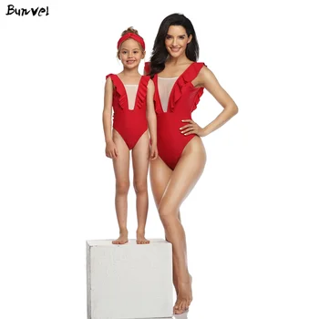 

bunvel Mother Daughter Swimsuit Family Matching Beachwear Ruffle Mesh Patchwork One Piece Swimwear Kids Baby Girls Swimming Suit