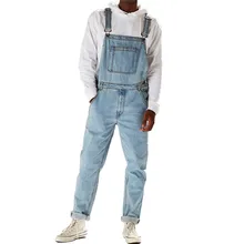 MORUANCLE Fashion Men's Hi Street Denim Bib Overalls Streetwear Jeans Jumpsuits For Man Washed Suspender Pants Size Washed Blue
