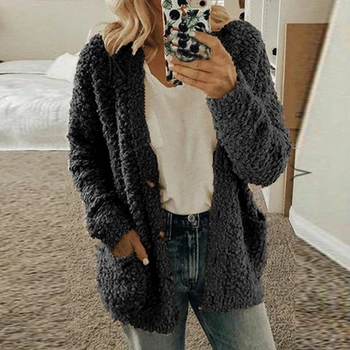 

Sweater Cardigans Women Spring 2020 Solid Color Ladies Pockets Button Cardigan Autumn Furry Female Loose Sweaters Knitwear D30