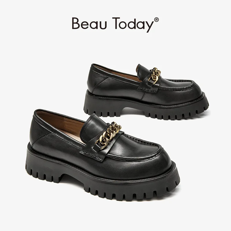 

BeauToday Platform Loafers Women Genuine Cow Leather Round Toe Casual Flats Metal Chain Slip On Female Shoes Handmade FS27756