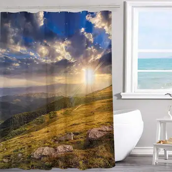 

Bathroom fabric shower curtain 36"x72"inchNature,Mountain Hills Landscape with Vibrant Sunlights on Meadow Misty Rural