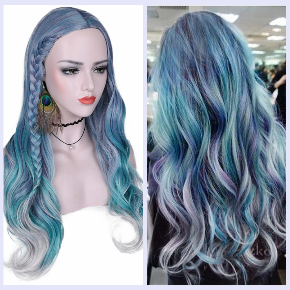 FAVE Long Wavy Hair Mixed Violet Blue Green Light Gray Heat Resistant Synthetic Wigs For Women Middle Part Halloween Party Wigs