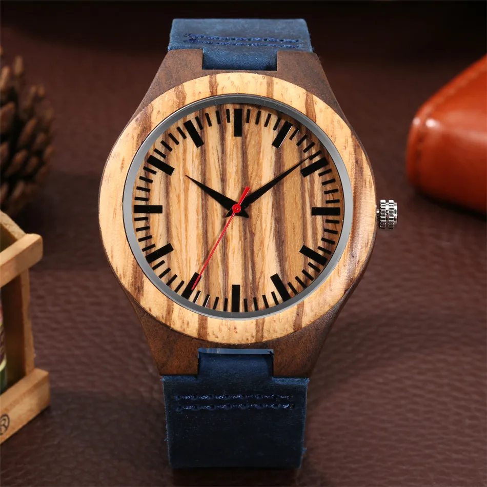ClassicZebraWoodMenWatchRedSecondsDisplayBlueGenuineLeather