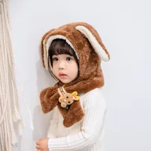Шапка с заячьими ушками, украшенная медведем, теплая шапка с лисами, детская шапочка, вязаная шапка, шарф, комплект, Детская Милая шапка с рисунком, kazkiet#0