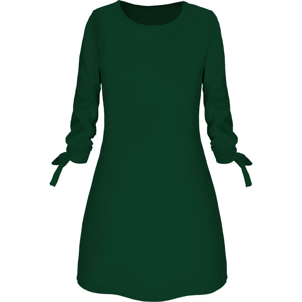 Новинка весны, модное однотонное платье, повседневное свободное платье с круглым вырезом, рукав 3/4, бант, элегантное пляжное женское платье размера плюс - Цвет: Зеленый